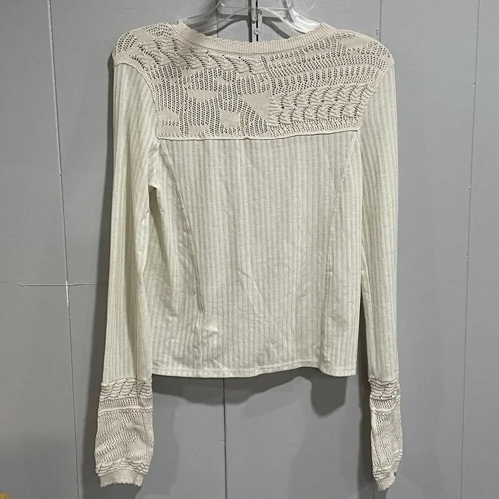 Free People Colette Pointelle Knit Top Size Small Neutral Beige Lace Neck Cuffs